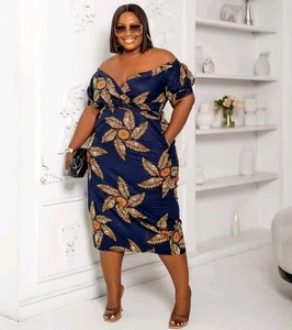 Vestido Midi Mae Otti Nuevo sin Etiquetas IDIA Estampado Africano Hombro Descubierto Azul Marino Talla XL Sin Cinturón - Imagen 1 de 17