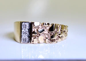 Nice Vintage Men's 10K Solid Gold Nugget Style Band/Ring W/ Diamonds, 5 Grams - Picture 1 of 4
