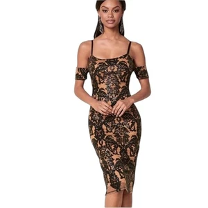 Venus Sequin Cold Shoulder BodyCon Midi Dress Black Tan Womens Size Small - Picture 1 of 14