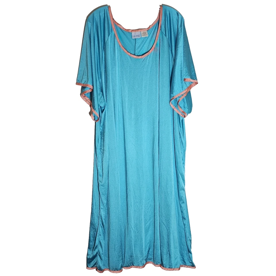 Vintage Lane Bryant Nightgown Womens 5X Plus Blue Pink Trim Nylon Maxi Scoop 90s - Image 1 of 4