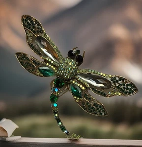 Große Libelle Brosche Anstecknadel Smaragd Grün Mode Strass Schmuck 4,5" x 3" Neu - Bild 1 von 11