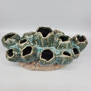 Barnacle Art Glaze Vase Sculpture Pottery Coastal Beach Nautical Blue Beige - Picture 1 of 9