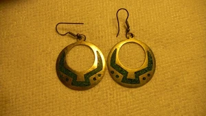 Silver Alpaca Mexico Inlaid Turquoise Dangle Earrings Free shipping - Bild 1 von 2