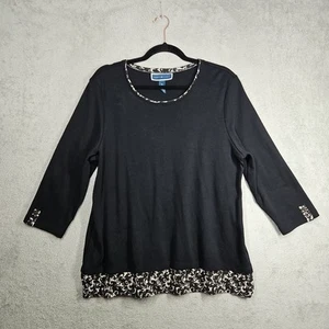 KAREN SCOTT Black w Black & Cream Scroll Trimmed Neckline,Bloused Hem Top Sz XL - Picture 1 of 17