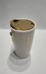Starbucks White Gold Zipper Double Wall Ceramic Travel Cup Tumbler 2015 10oz - Picture 1 of 11