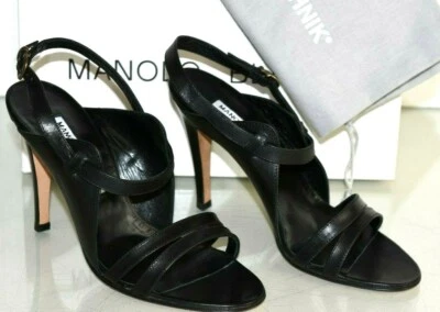 $875 New Manolo Blahnik 105 DODO Double Band Leather Sandals Black Heel Shoes 36 - Photo 1/4