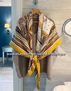 Sallys 70% Cashmere & 30% Silk Wrap Scarf Saddle Print Stole Shawl 53" Yellow - Picture 1 of 12