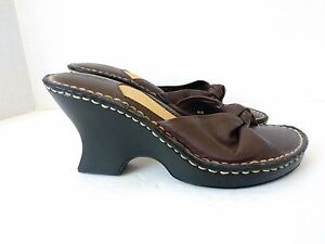 Cherokee Womens US 6.5 Medium Leather Brown Wedge Heels Slip on Sandals Shoes 