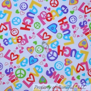 BonEful Fabric FQ Cotton Quilt Flannel Peace Love Heart Hippie Word Smile Face L - Picture 1 of 12