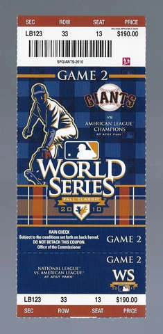 2010 WORLD SERIES TEXAS RANGERS @ SF GIANTS FULL UNUSED BASEBALL TICKET GAME #2 Cover