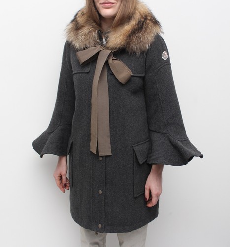 Giacca piumino donna MONCLER Suika lana cappotto pelliccia orlo RARISSIMO grigio 1 ~S