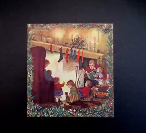 1 RARE VTG Tasha Tudor Xmas Greeting Card Family & Pets Gathered by Fireplace - Picture 1 of 3