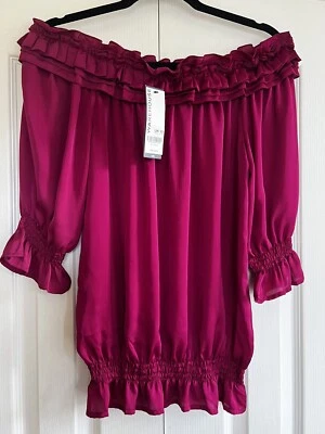 NEW Warehouse Pure Silk Top Womens 10 Bardot Off The Shoulder Blouse Tags Lovely - Image 1 of 4