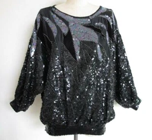 Vintage Silk Beaded Sequin Batwing Top M 80s Blouson Black Velvet Three Flaggs - Picture 1 of 12