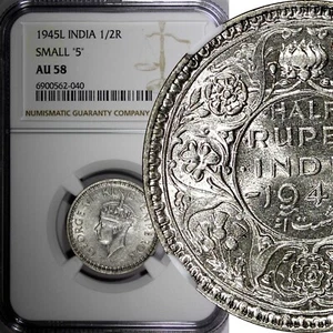 India-British George VI Silver 1945 (L)  1/2 Rupee Small "5" NGC AU58 KM# 552(0) - Picture 1 of 5