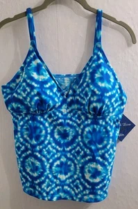 Beach Diva Blue White Geometric Tankini Swim Suit Top Size 14 Built in bra - Picture 1 of 6
