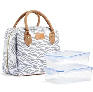 Fit & Fresh Grey & White Pattern Bloomington Lunch Bag Tote & 2 Food Containers - Picture 1 of 4