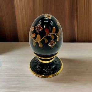 Fenton Ebony Black Glass Egg #1302/2500 Signed A. Meeks Hand Painted Floral - Picture 1 of 3