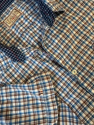 Camisa xadrez masculina vintage ITÁLIA azul marrom XXL, veja fotos e medidas - Imagem 1 de 4