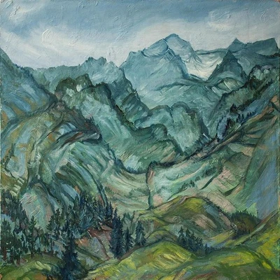 Irmgard Elsäßer Berglandschaft Gebirge Abend monogrammiert Öl Mdf 2 Hälfte 20 Jh - Bild 1 von 3