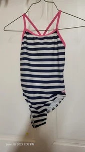 OP Girls Swimsuit Bathing Suit One Piece White Blue Stripe Pink Medium 7/8 - Picture 1 of 5