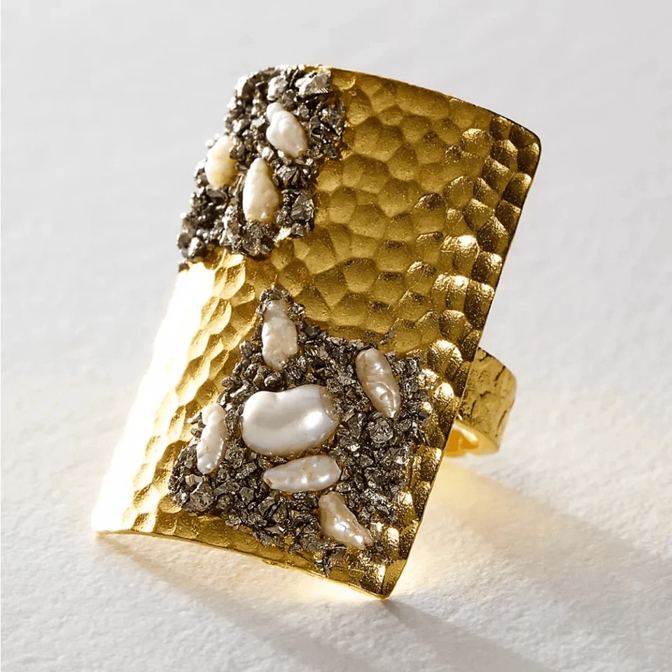 NWT Marly Moretti Free People Alba Freshwater Pearl/Brass/Pyrite Stone Ring Adj - Image 1 of 4