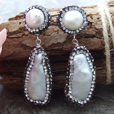 Brincos GE021315 1,9" Biwa pérola aparada com marcasita CZ Stud - Imagem 1 de 4