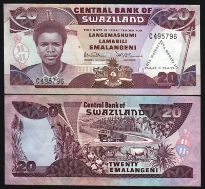 Swaziland 20 EMALANGENI P-17 1989 21st King COMMEMORATIVEUNC World Currency NOTE - Image 1 of 4