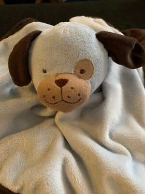 Tiddliwinks Blue Puppy Dog Security Blanket Lovey Brown Trim w Eye Patch - Image 1 of 4