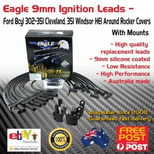 EAGLE 9mm Ignition Leads V8 Ford Cleveland Windsor HEI Around R/C + Mounts Black - Picture 1 of 5