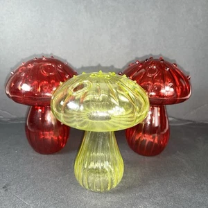 Set Of 3 Retro Hippy Vibe Glass Mushroom Vases Transparent 2 Red, 1 Yellow NICE! - Picture 1 of 13
