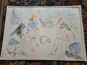 WOMEN AT THE BEACH COLORED PENCILS BY MICHALIS DOUKOUMETZAKIS. NOT SIGNED. - Picture 1 of 6