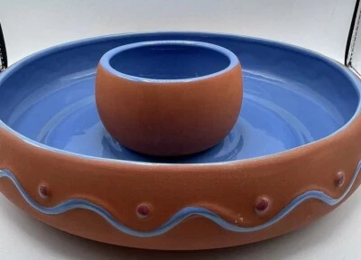 Terracotta Chip & Dip Set - Beautiful Glazed Blue Inside And Decor On Outside - Image 1 of 4