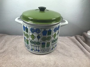 7 Qt Enamelware Pot Green Lid Farmhouse Pattern Salt & Pepper Bellows Jars Clean - Picture 1 of 14