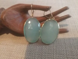 14k Yellow Gold Faceted Designer Chalcedony Drop Leverback Earrings Italy - Picture 1 of 6