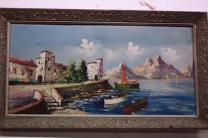 Dipinto olio su tela raffigurante paesaggio portuale con cornice painting oil - Picture 1 of 7