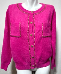Nanette Lepore Women Bright Pink Fuzzy Cardigan Button Down Gold Large New NWT - Picture 1 of 8