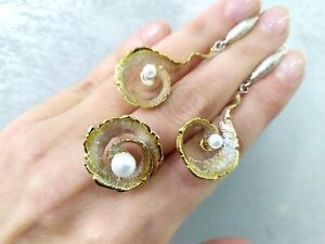 Armenian Spirit jewelry set earrings ring gilded silver 925 natural pearl white