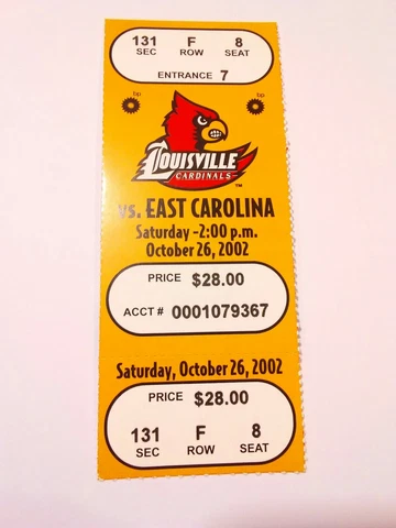 2002 Louisville Cardinals East Carolina Football Full Unused Ticket Cover
