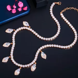 Yellow Gold Plated Marquise Cut Charm CZ Engagement Chain Tennis Choker Necklace - Picture 1 of 13