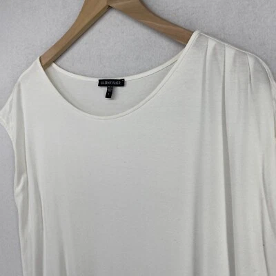 EILEEN FISHER Top L Stretch Viscose Jersey Pleated Shoulder Cap Sleeve White USA - Image 1 of 4