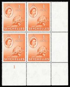Seychelles 1954 QEII 3c orange plate 1 block of four superb MNH. SG 175. - Picture 1 of 1