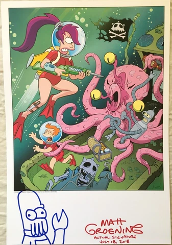 Matt Groening signed & doodled Futurama 2018 Comic-Con SDCC lithograph litho JSA Cover