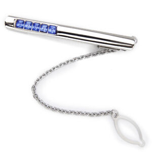 Men's Fancy Blue Crystal Silver Copper Necktie Tie Bar Clasp Clip Clamp Pin