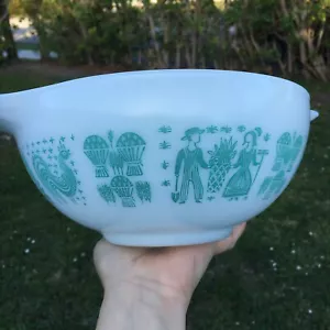 Ciotola Pyrex bianco turchese Amish stampa burro #443/ 2,5 QT manici beccuccio vintage - Foto 1 di 11