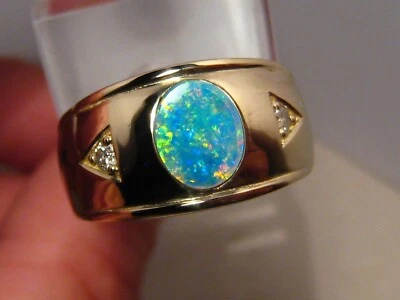 Anillo de ópalo y diamantes para hombre, 10,5 gramos de oro amarillo sólido de 14 k Foto 1 de 4
