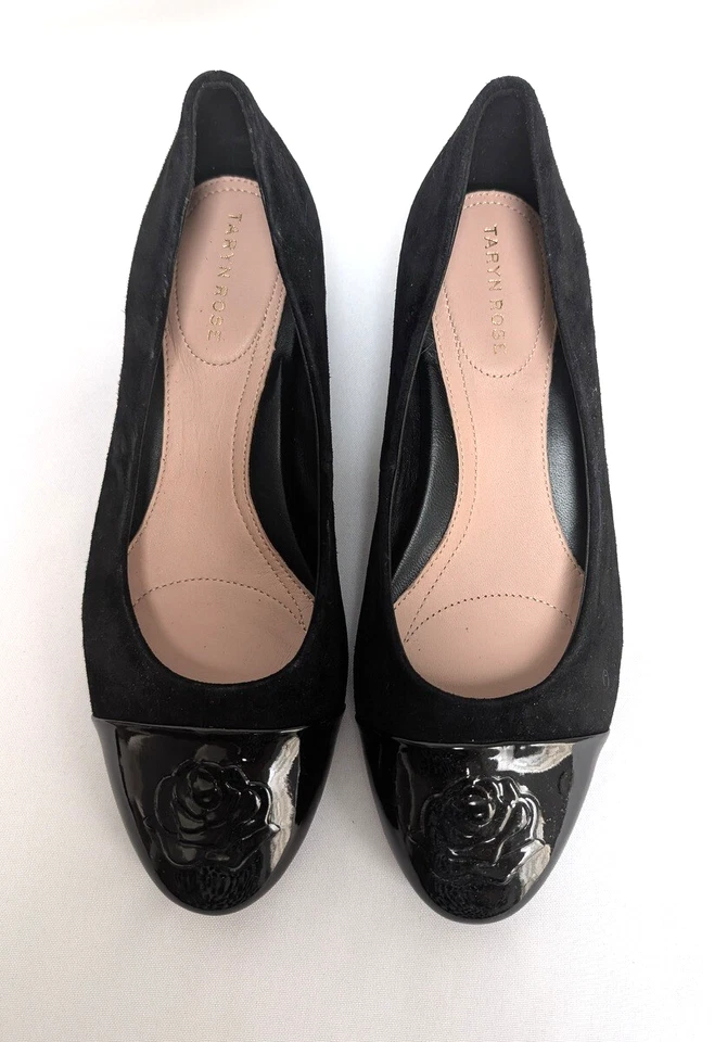 Zapatos de salón de cuña Taryn Rose Babe Sheep Nap de cuero gamuza negro punta rosa talla 8,5 B Foto 1 de 4