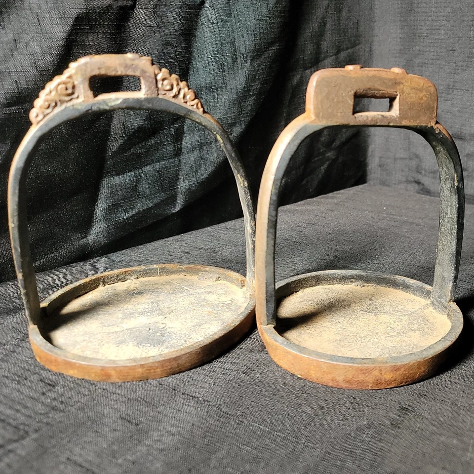 Pair of Antique Cast Iron Chinese Horse Stirrups with Etched Designs Characters - Image 1 of 4