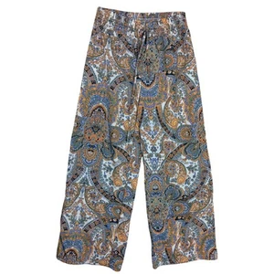 Paisley Bohemian Wide Leg Pants Size Large Green, Yellow Print Elastic Waist - Picture 1 of 7