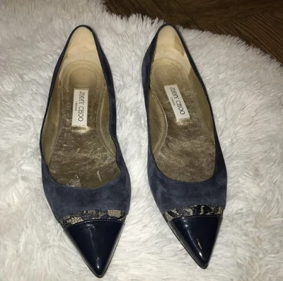 Jimmy Choo Ginny Ballet Plano Punta Patente Gamuza Encaje Azul Marino Mujer 10 Foto 1 de 4